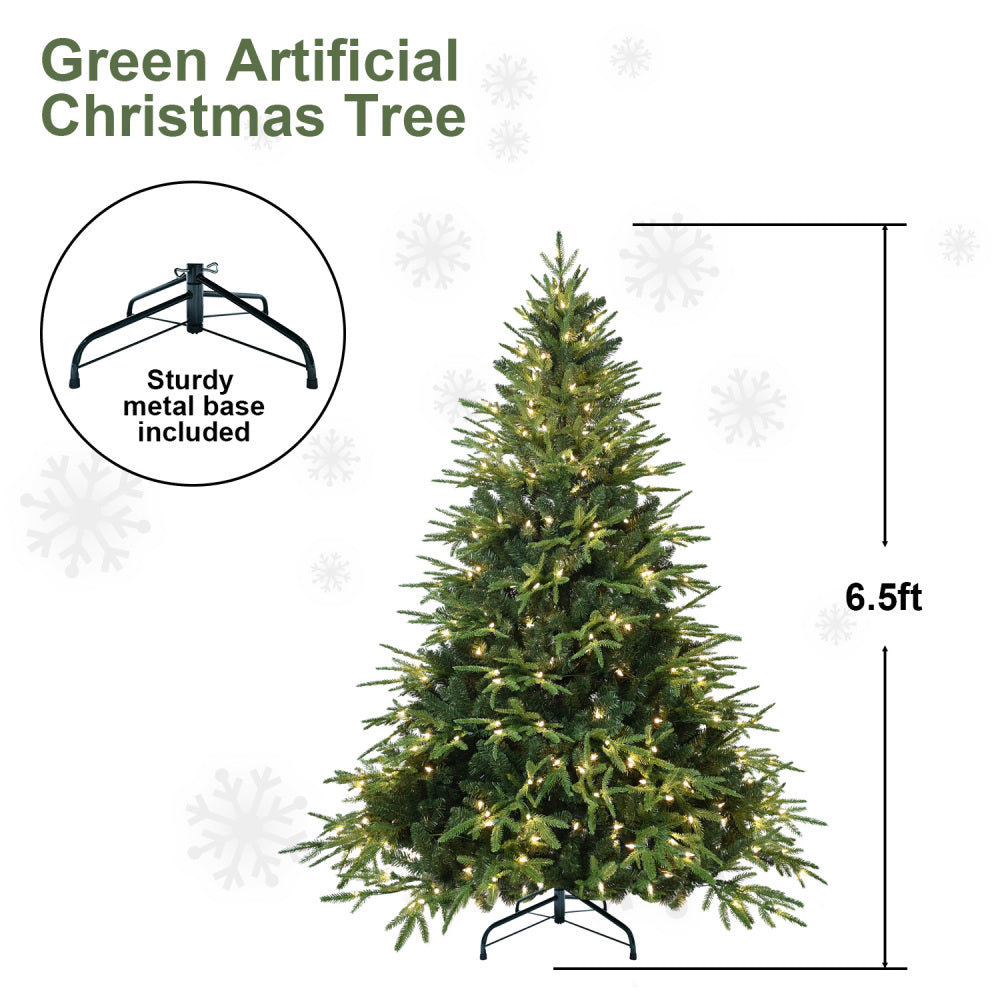 6.5 FT Pre-Lit Artificial Christmas Tree with 450 Warm White Lights | 2225-Tip PE+PVC Hinged Pine with Memory Wire Branches & Foldable Stand
