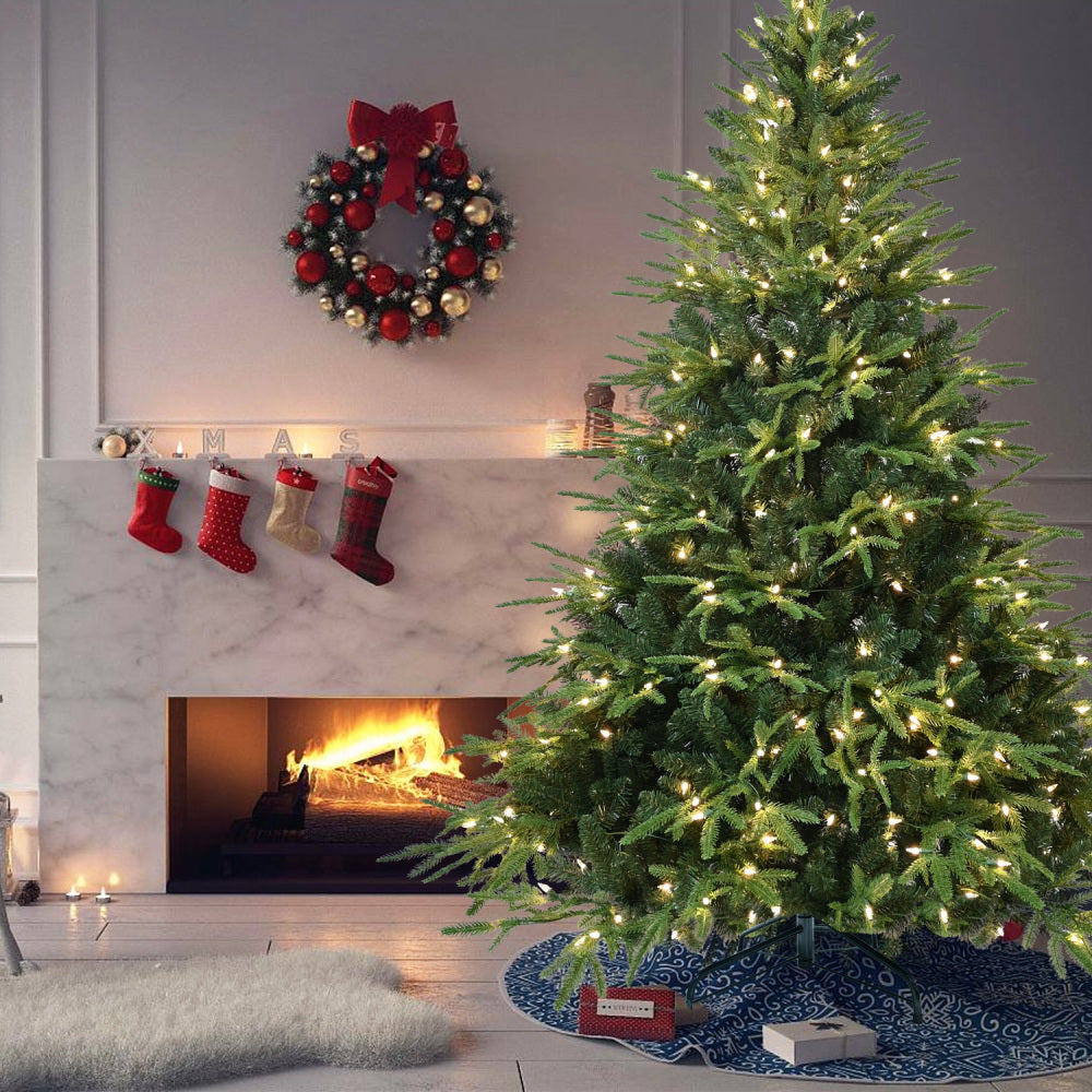 6.5 FT Pre-Lit Artificial Christmas Tree with 450 Warm White Lights | 2225-Tip PE+PVC Hinged Pine with Memory Wire Branches & Foldable Stand