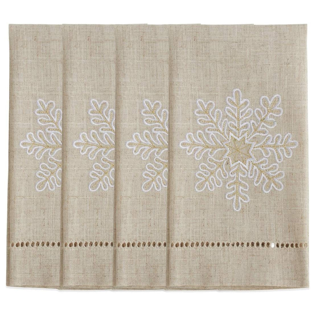 Fennco Styles Embroidered and Hemstitched Design Snowflake Linen-Poly Guest Towels 14 x 22 Inch, Set of 4 – Natural Modern Hand Towels for Bathroom Decor, Bar Accessories, Wedding Gift
