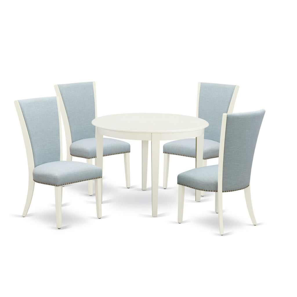 EAST WEST FURNITURE - BOVE5-WHI-15 - 5 Pc Modern Dining Table Set - 4 Baby Blue Linen Fabric Mid Century Dining Chairs with High Back and 1 Modern Dining Table - linen white Finish