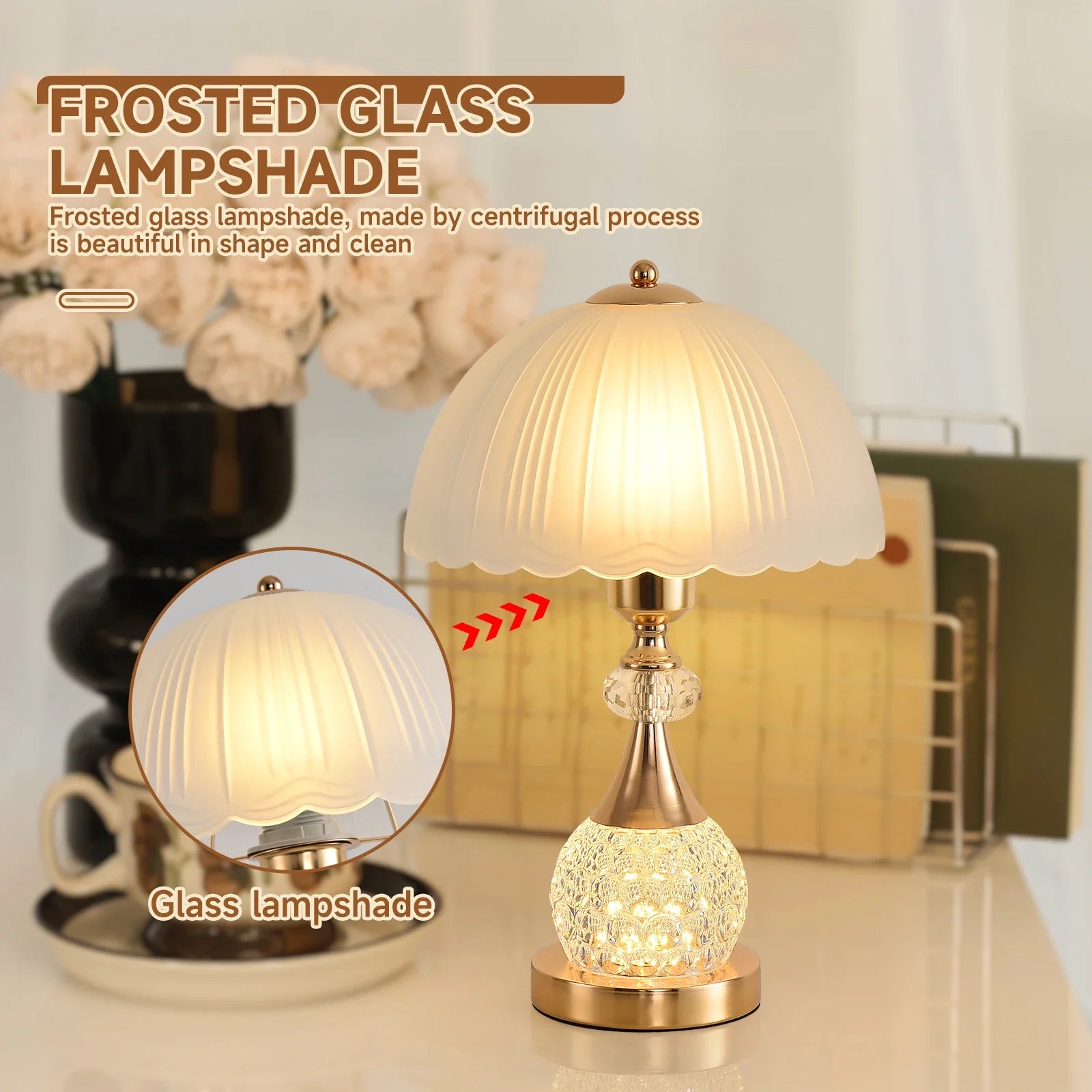 Bedside Table Lamp Petal Light Luxury Crystal Push Button Switch Bedroom Living Room Den Control Dimming Warm Atmosphere Decorat